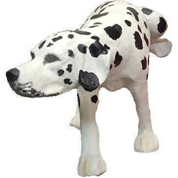 Cast aluminum Dalmatian statue for yard or home decor, featuring detailed black spots and lifelike pose