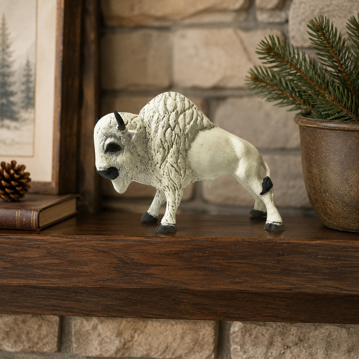 White cast aluminum bison statue for home decor, detailed texture, rustic finish
