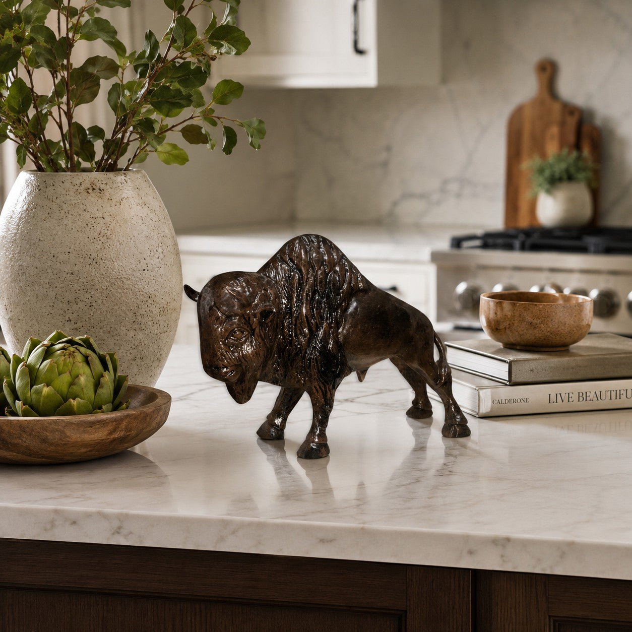 White cast aluminum bison statue for home decor, detailed texture, rustic finish