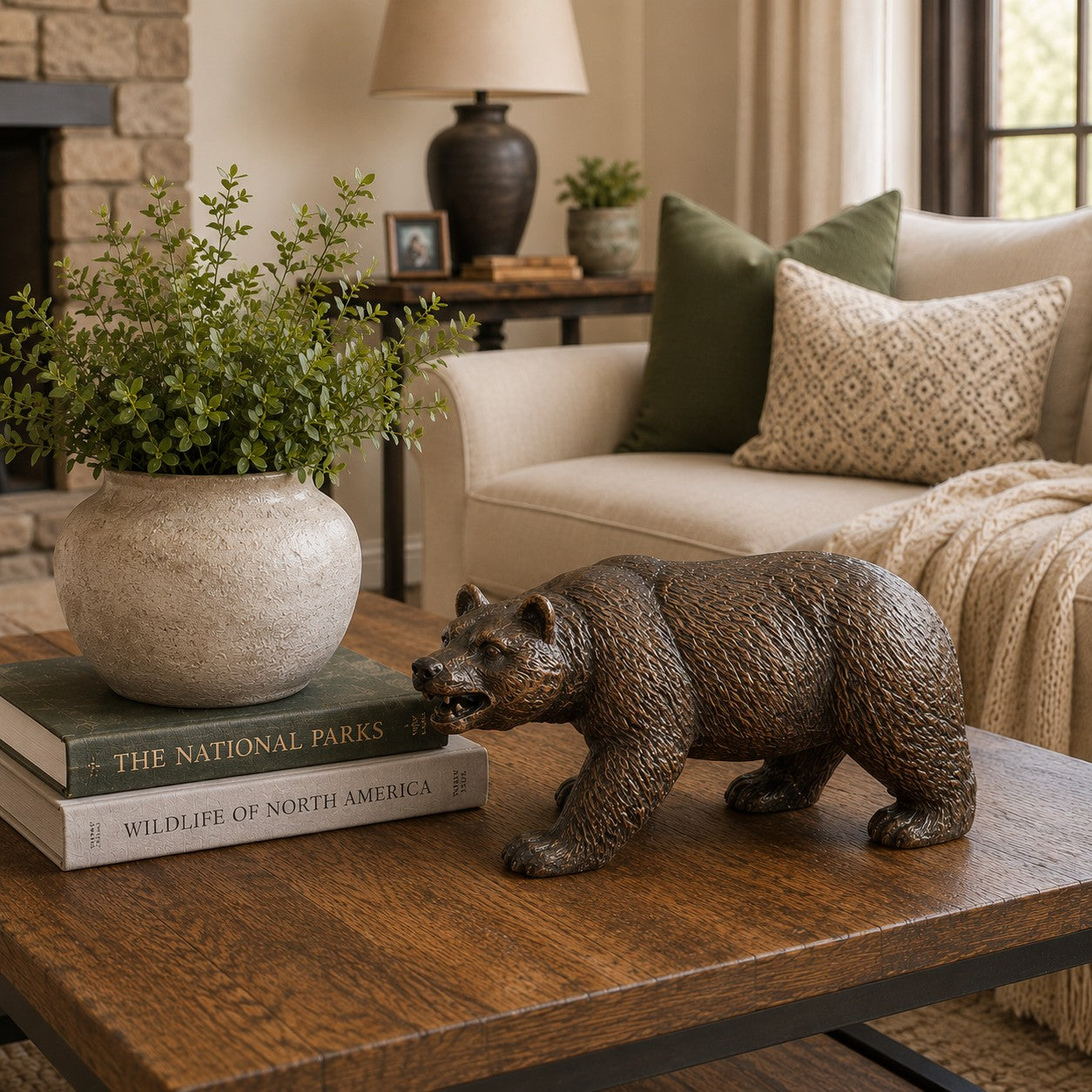 Cast aluminum bear statue for interior accent decor.