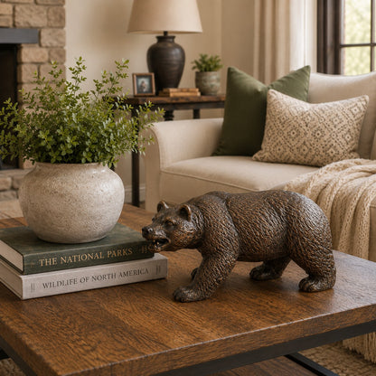Cast aluminum bear statue for interior accent decor.
