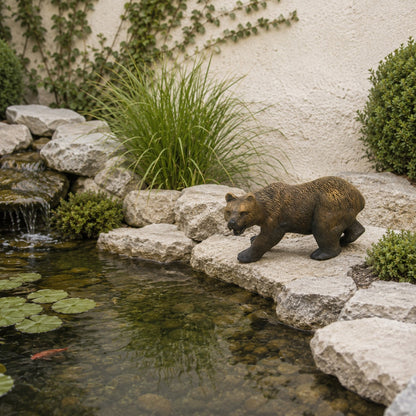 Cast aluminum bear statue for yard or home decor, detailed fur texture, lifelike walking pose