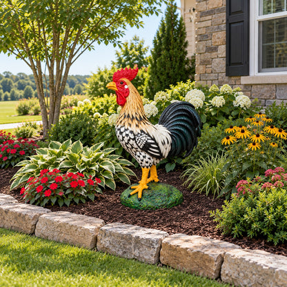 A large decorative rooster garden statue with a red comb and wattle, cream and black patterned body, and yellow legs, standing on a green base in a landscaped flower bed beside a stone house.
