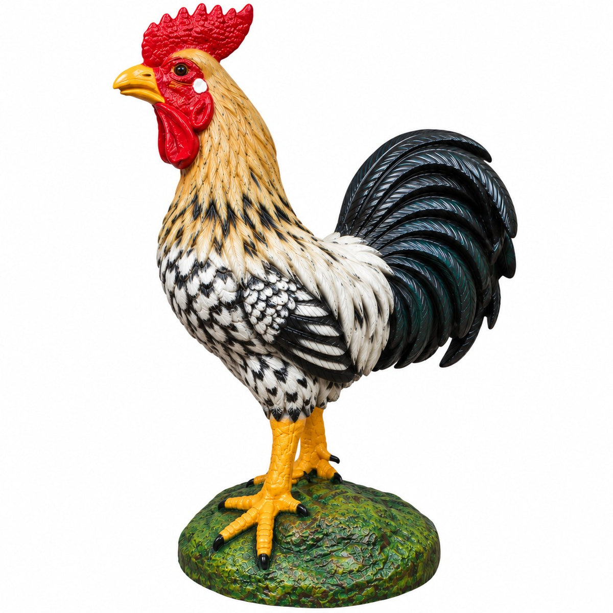 A decorative rooster figurine standing on a textured green base, with a red comb and wattle, tan and black speckled body, and a dark blue-black tail, isolated on a white background.