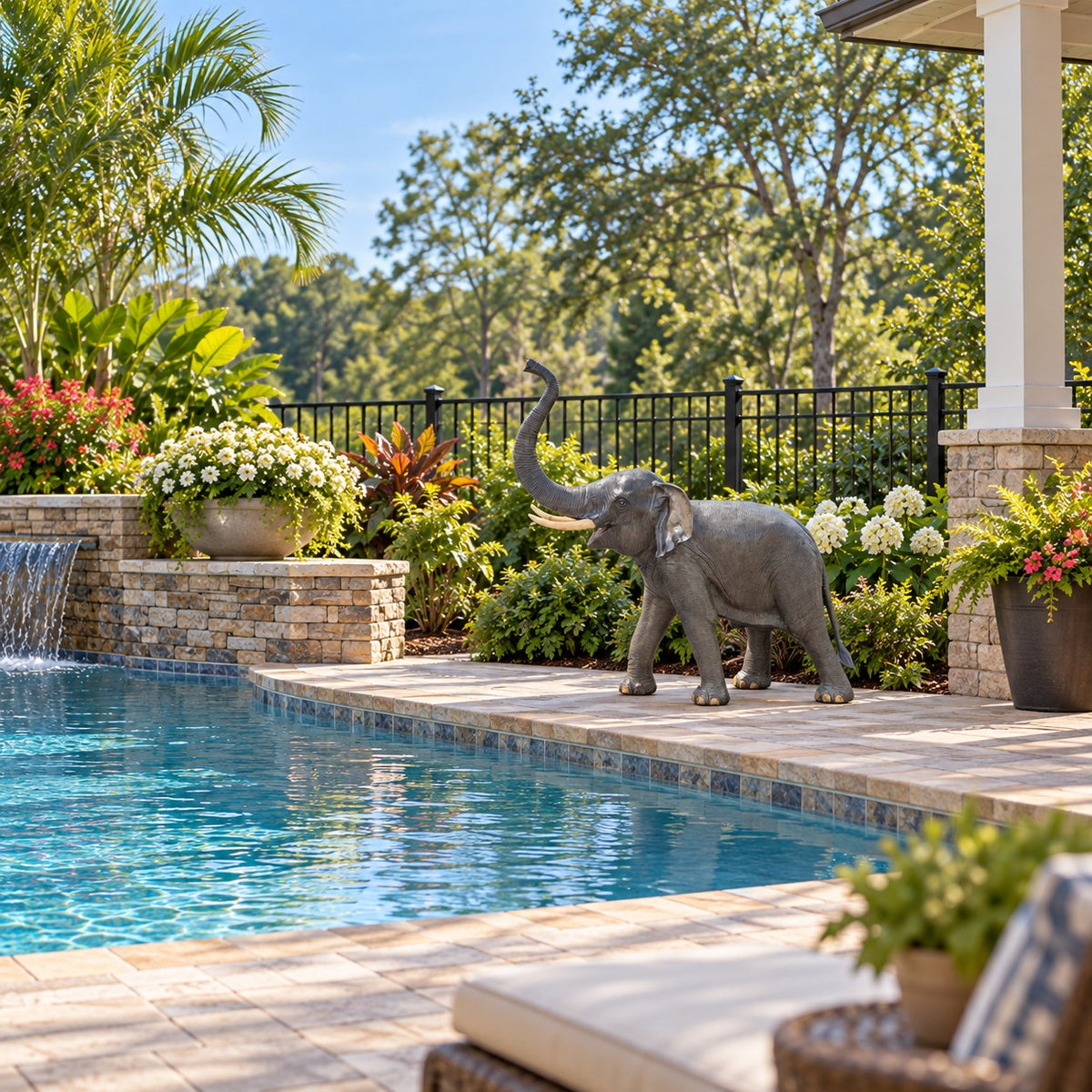 Cast aluminum elephant statue with raised trunk, ideal for yard or home decor