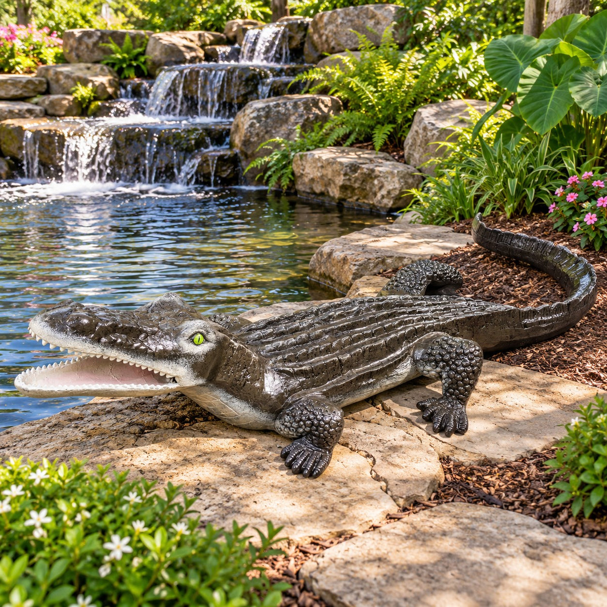 Cast aluminum alligator statue with open mouth and green eyes for yard or home decor
