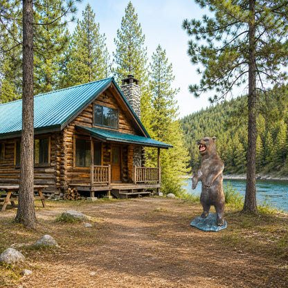 Cast aluminum bear statue roaring, perfect for yard decor or cabin sites with detailed fur and rocky base