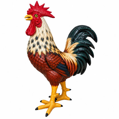 A decorative rooster figurine with a red comb and wattle, cream and black speckled neck, reddish-brown body, dark teal tail feathers, and yellow legs, shown on a plain white background.