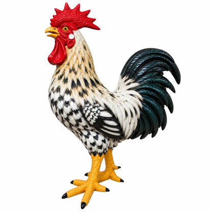 A decorative rooster figurine with a bright red comb and wattle, black-and-white mottled body feathers, dark teal-black tail feathers, and yellow legs and beak, shown on a plain white background.