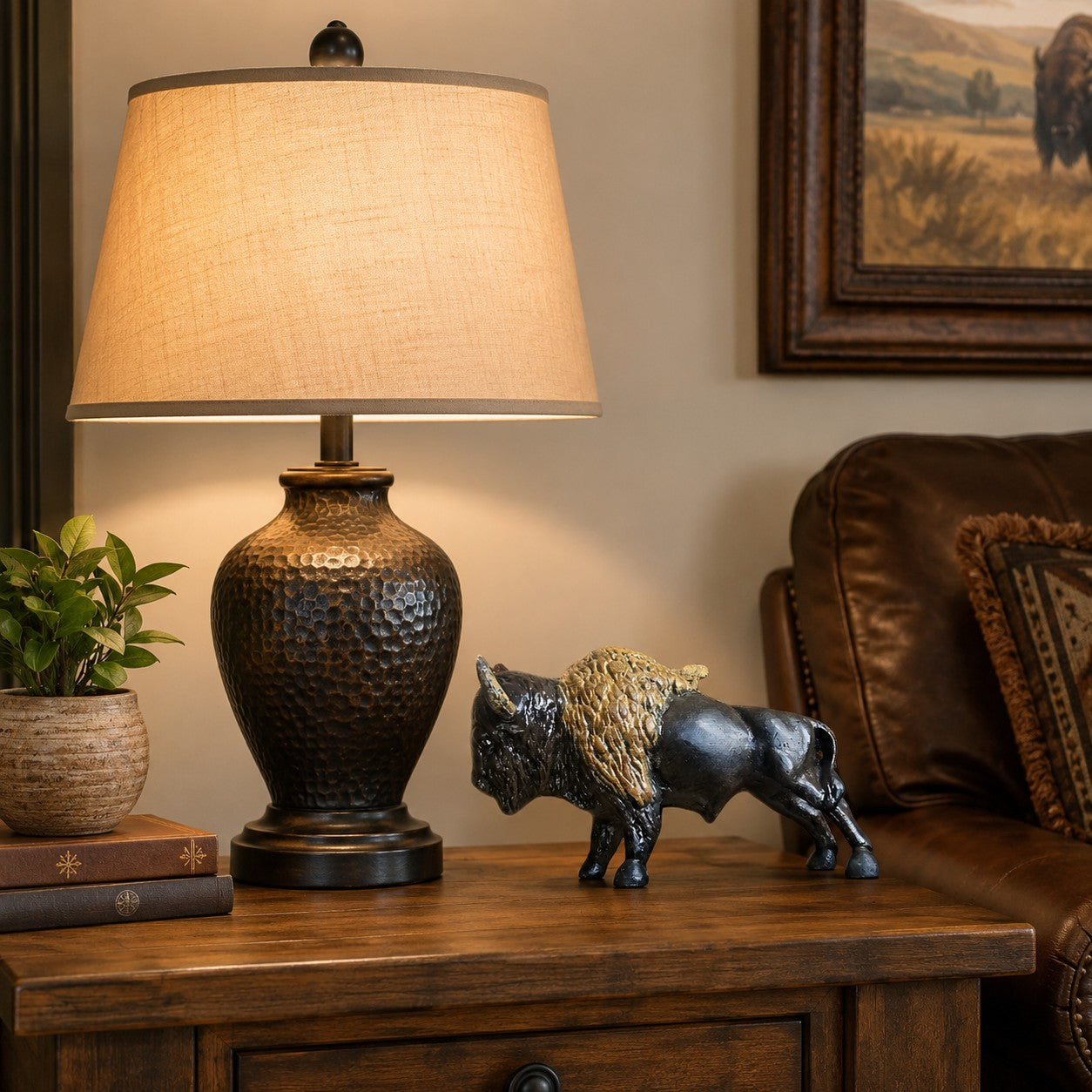 Cast aluminum bison statue with detailed fur texture for home decor