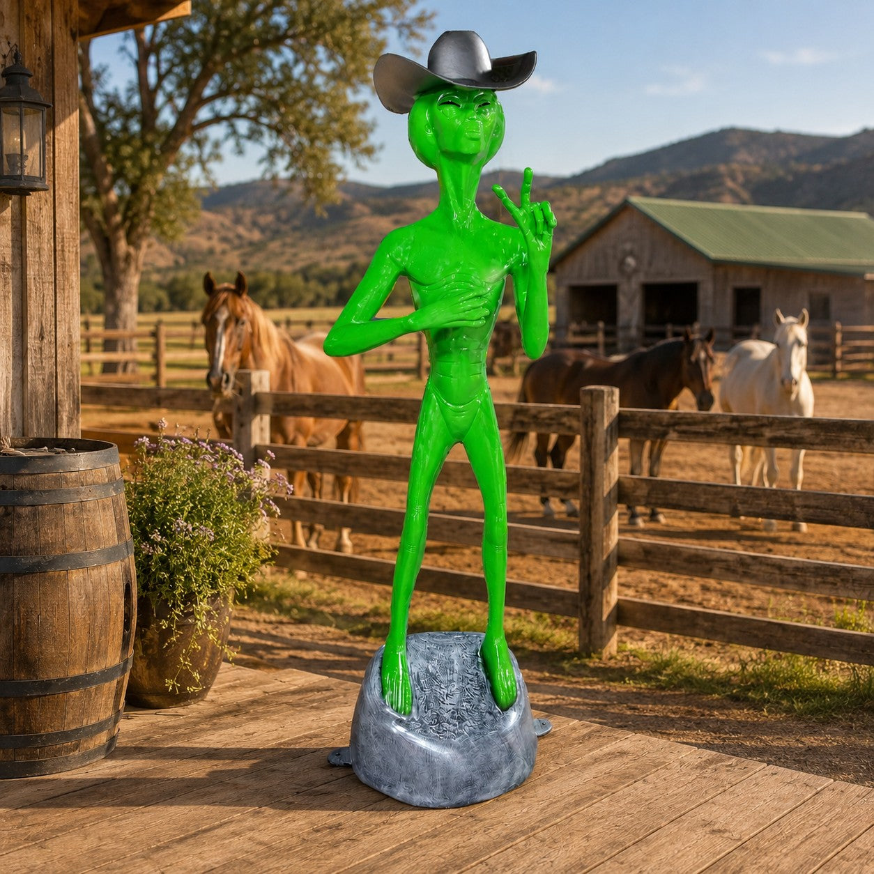Cast aluminum alien statue with cowboy hat and showing a peace sign.  Right hand is cupped for a can holder.