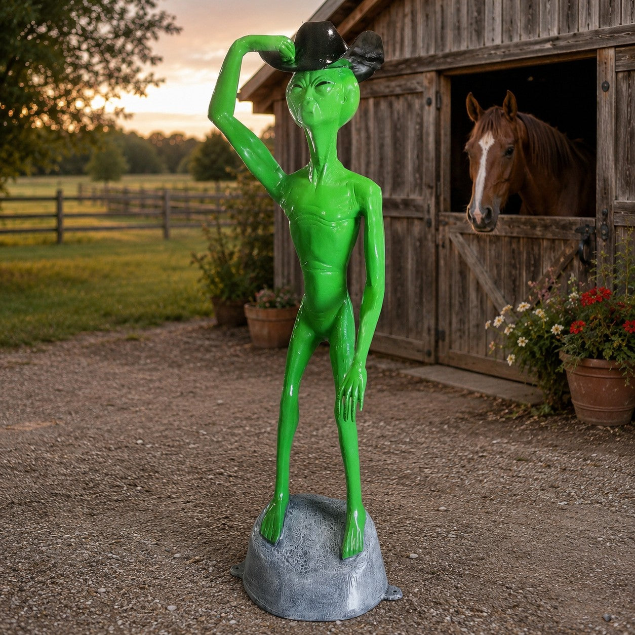 Cast aluminum alien wearing a cowboy hat statue.