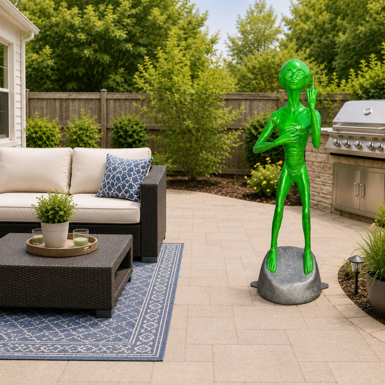 Cast aluminum alien statue with flipping finger and can holder.