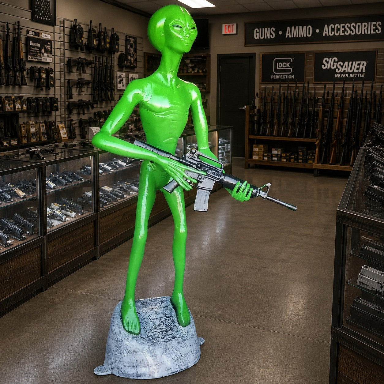 Cast aluminum alien statue holding a machine gun.  Great for retail store displays including gun stores, porches, cabins, and more!