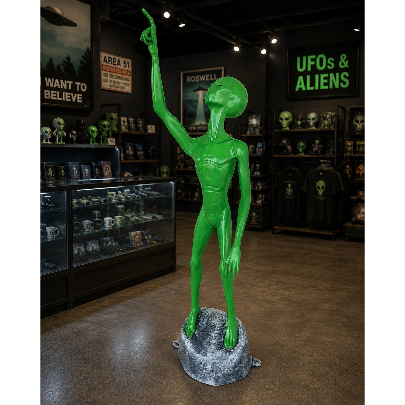 Cast aluminum alien statue pointing up is ideal for any space including retail stores, yards, porches, and cabin sites!