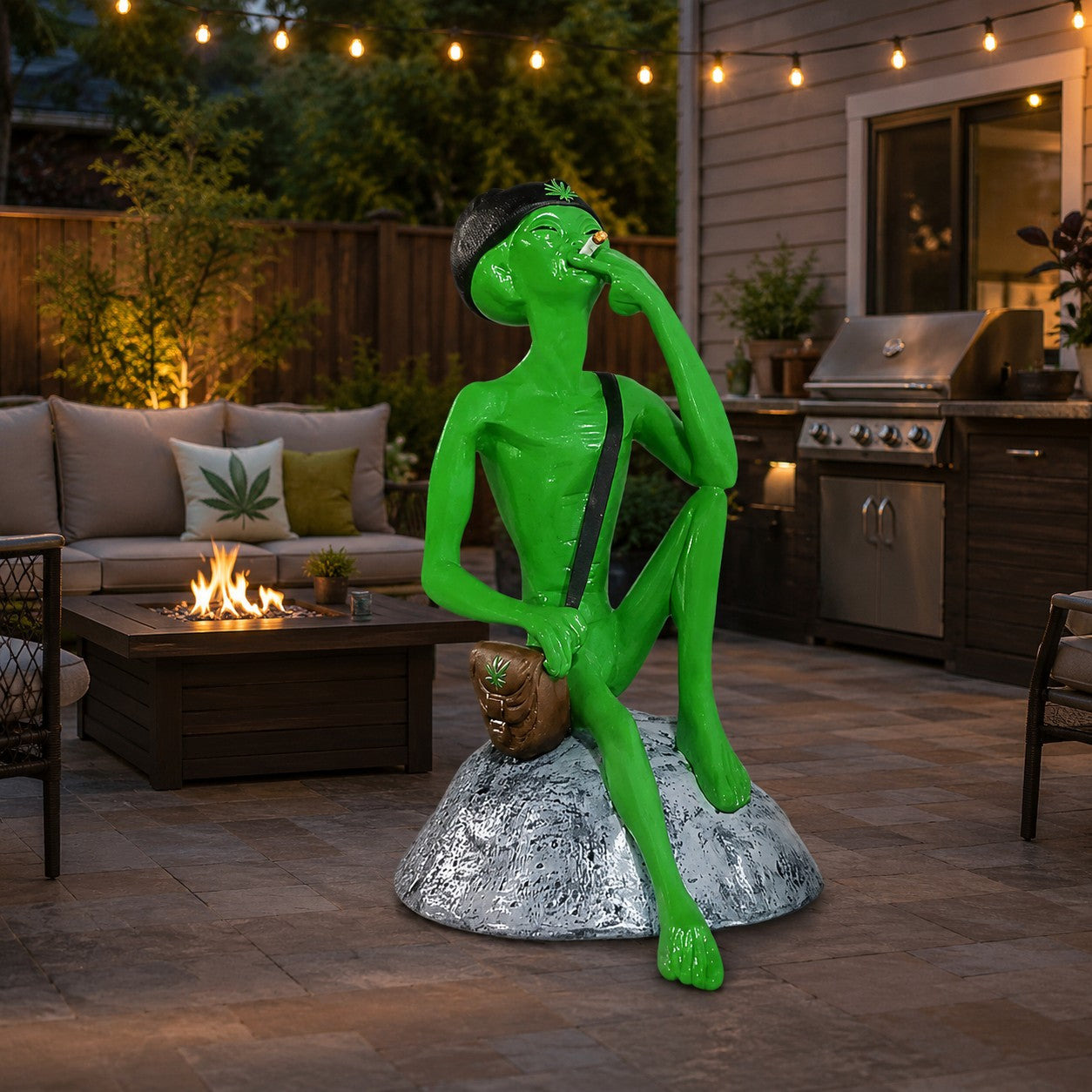 Cast aluminum green alien with beanie and smoke bag sitting on a rock and smoking.