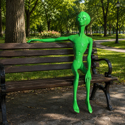 Cast aluminum alien statue sitting with arm stretched.  Made to sit on a bench.  Ideal for parks, porches, patios, and retail stores!