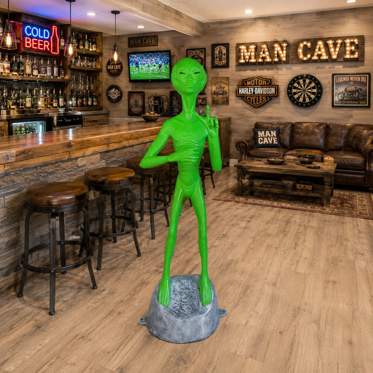 Cast aluminum alien statue with can holder and peace sign.
