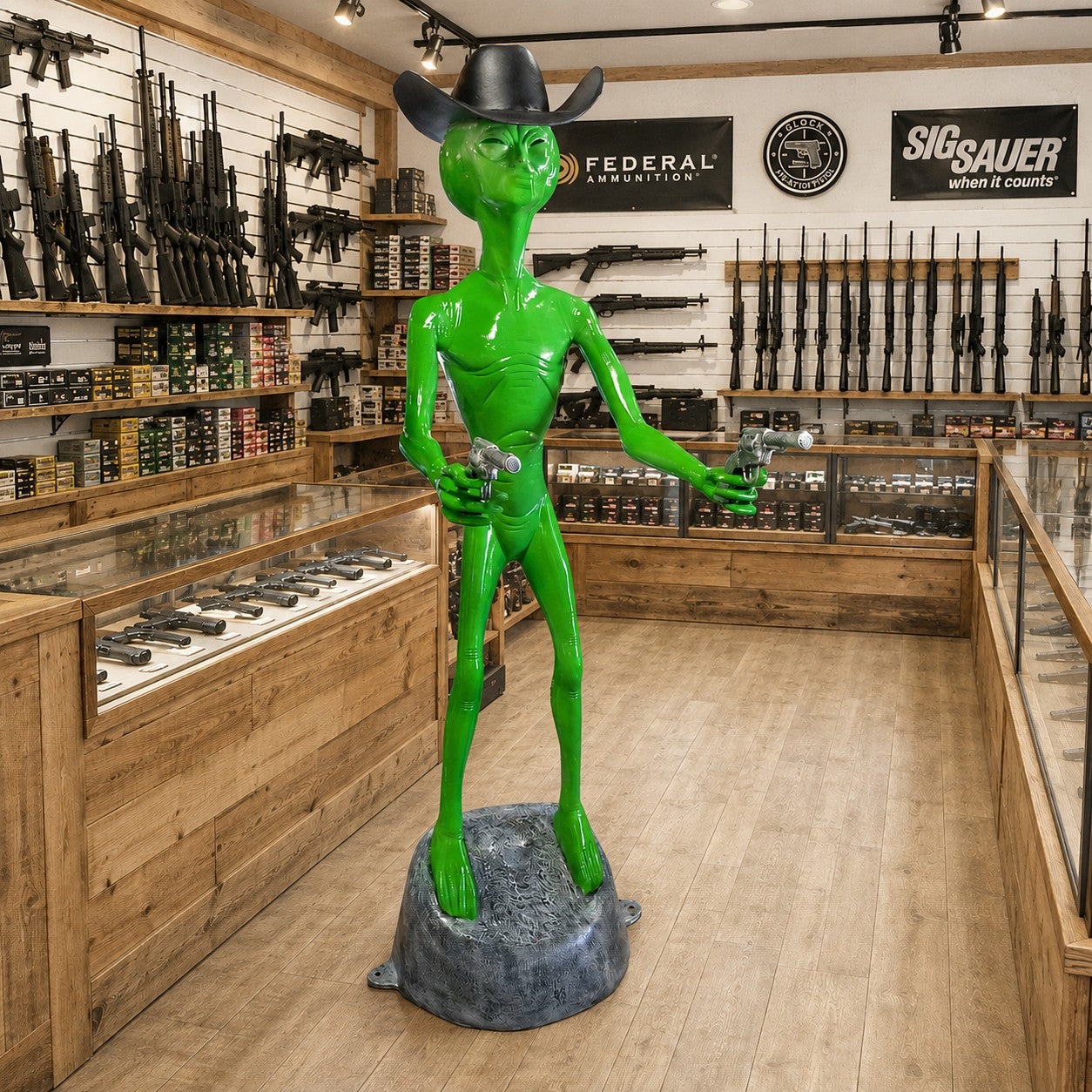 Cast aluminum alien with cowboy hat and two pistols.  