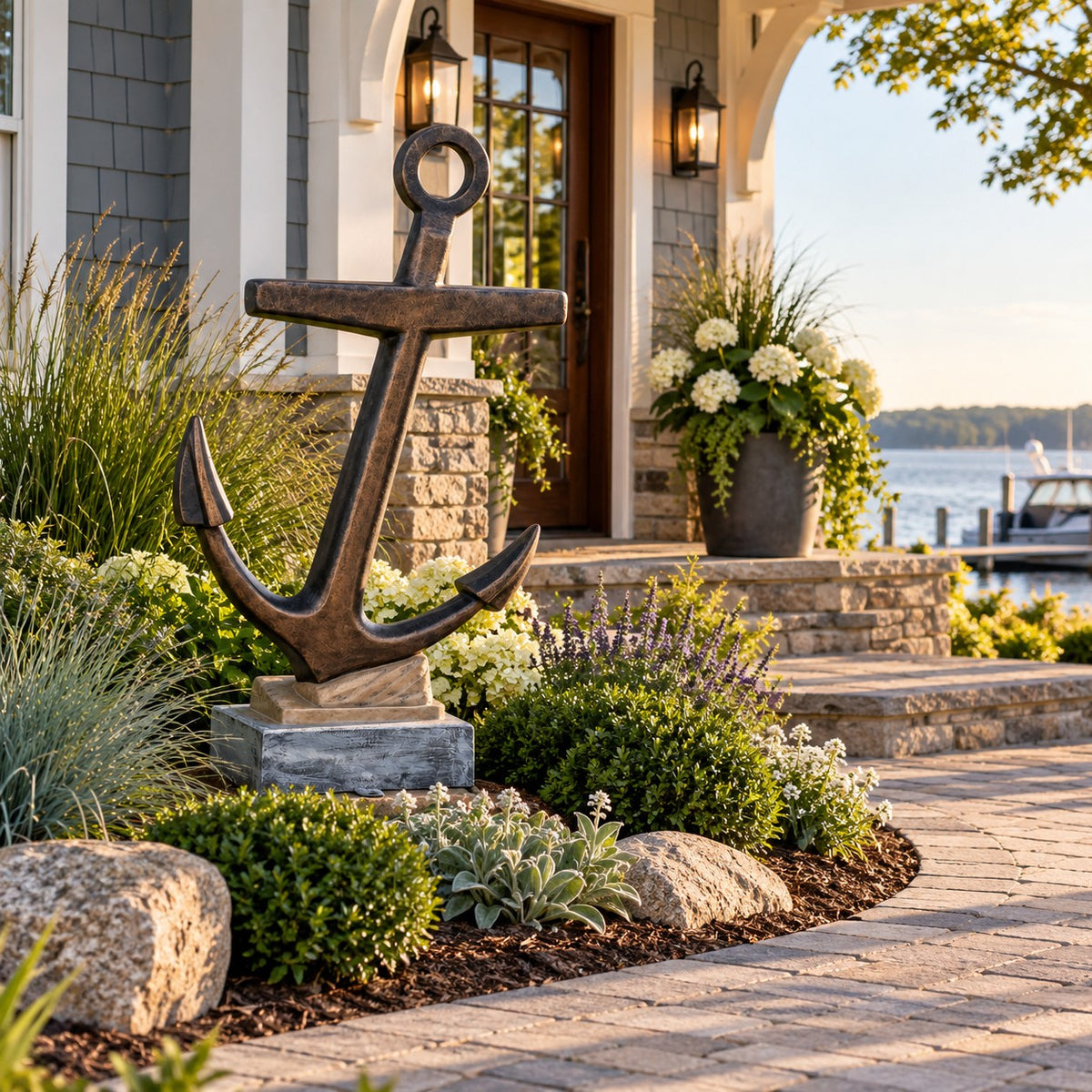 Cast aluminum anchor statue for commercial, home, or yard decor, rustic nautical design with sand base