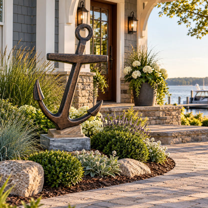 Cast aluminum anchor statue for commercial, home, or yard decor, rustic nautical design with sand base