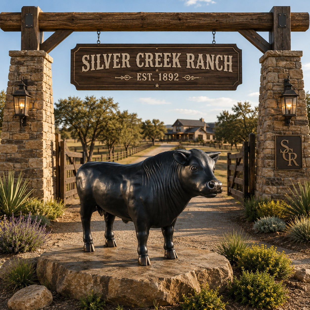 Cast aluminum angus bull statue for ranches, bars, restaurants, or any outdoor space.