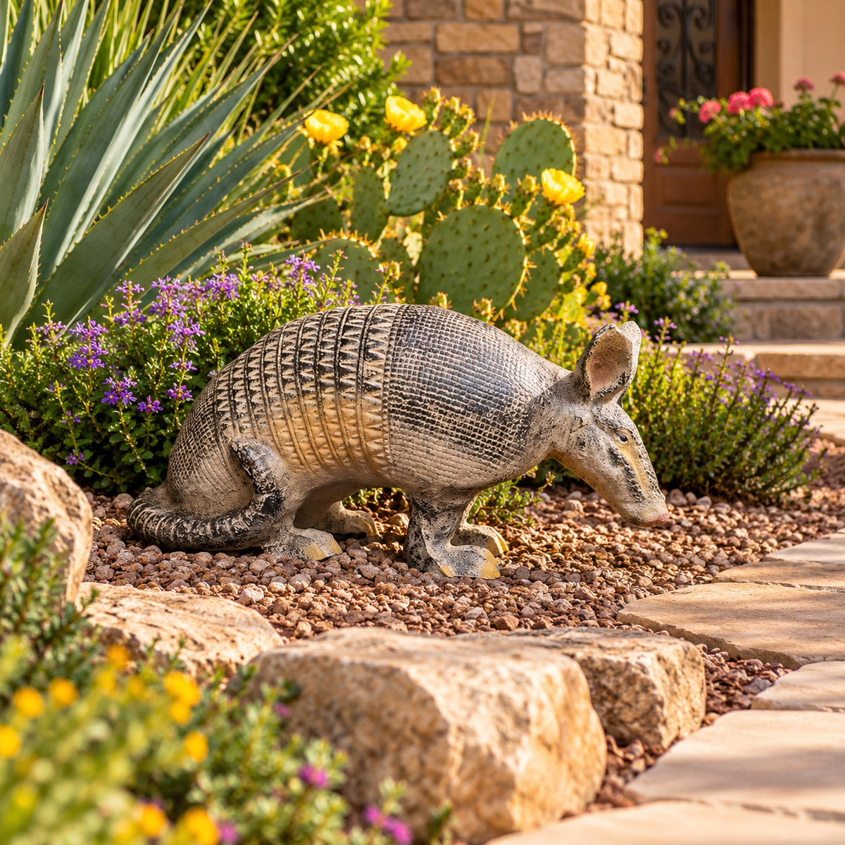 Cast aluminum armadillo statue for yard or home decor, detailed textured shell, weather-resistant outdoor sculpture