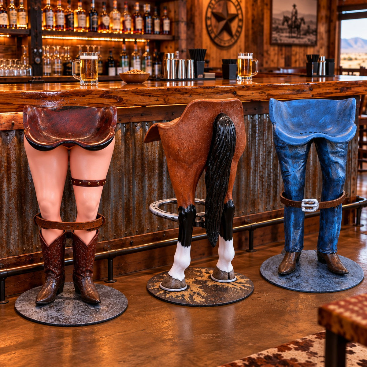 Three western-themed bar stools shaped like female legs in cowboy boots, a horse, and blue jeans, displayed in a rustic bar setting.