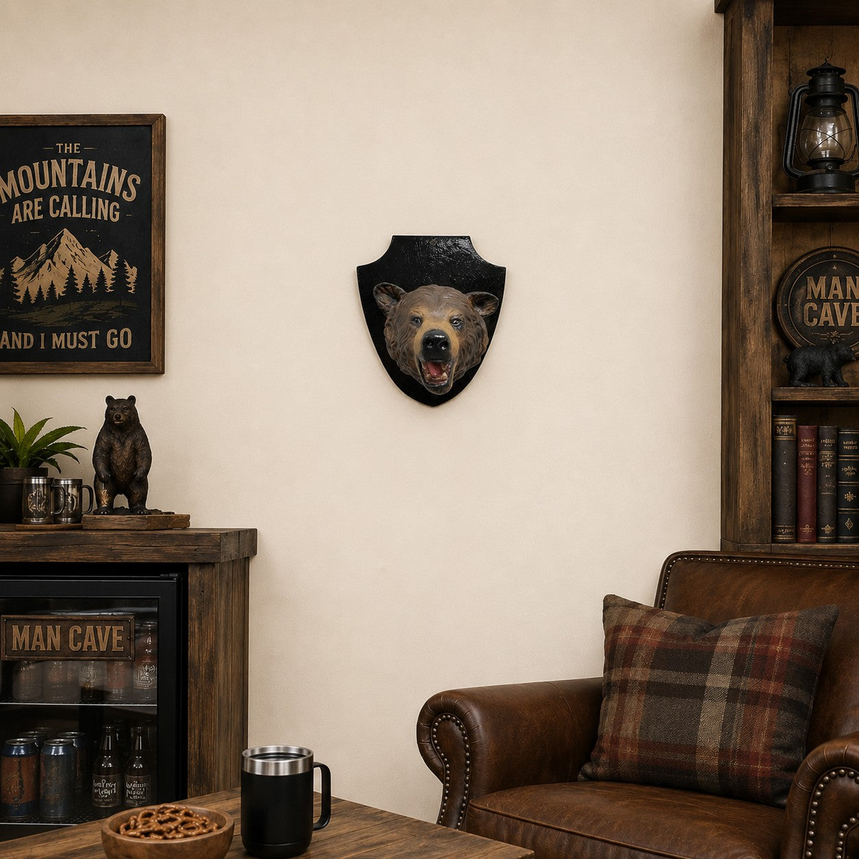 Bear head mount on a black wall bracket
