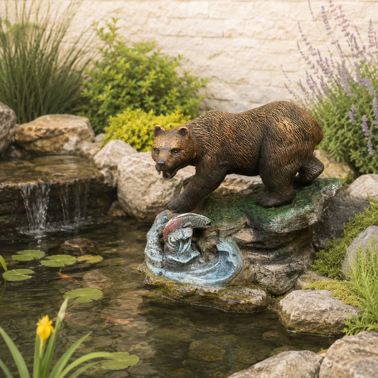 Cast aluminum bear statue catching fish on rocky base for yard or home decor