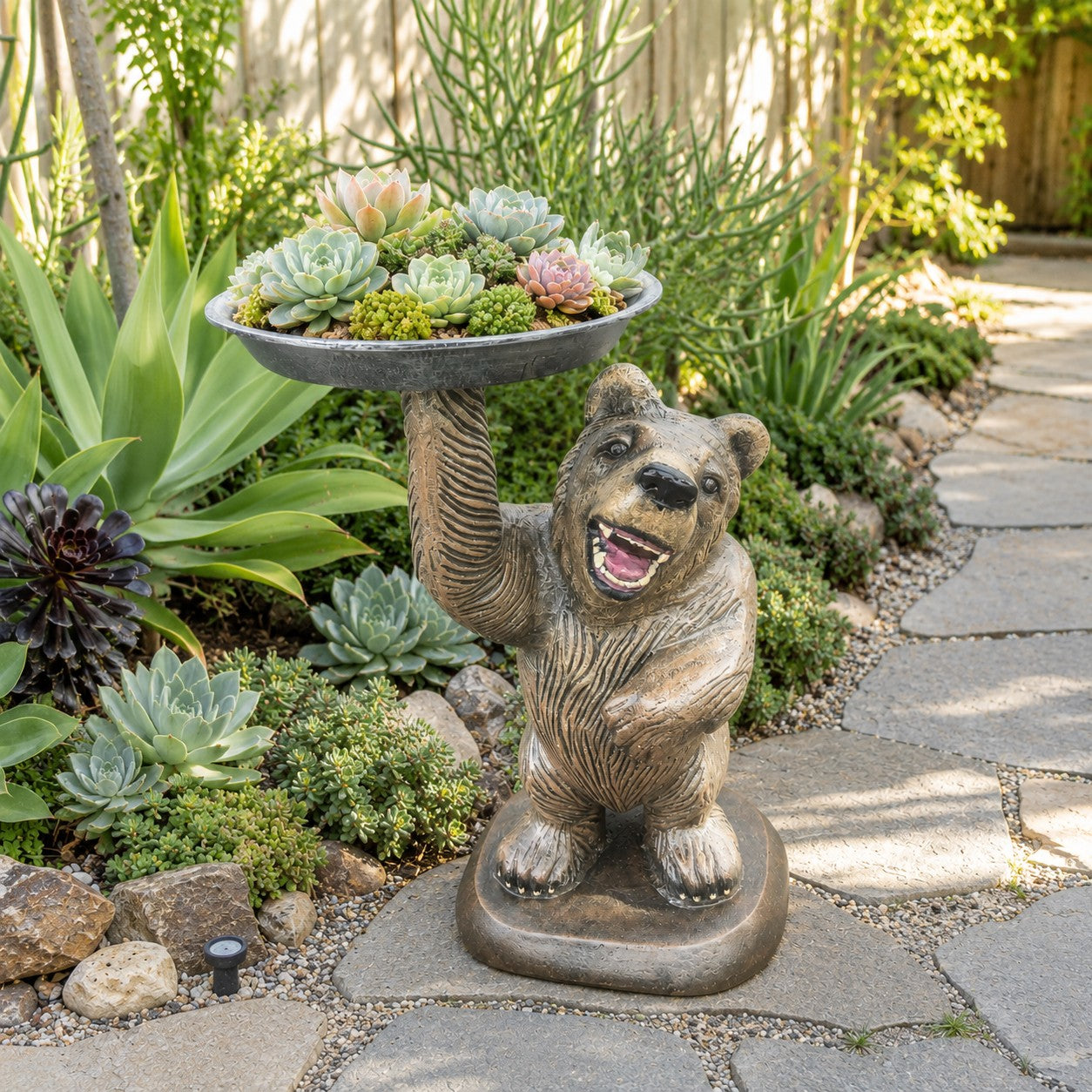 Cast aluminum bear statue with tray for plants