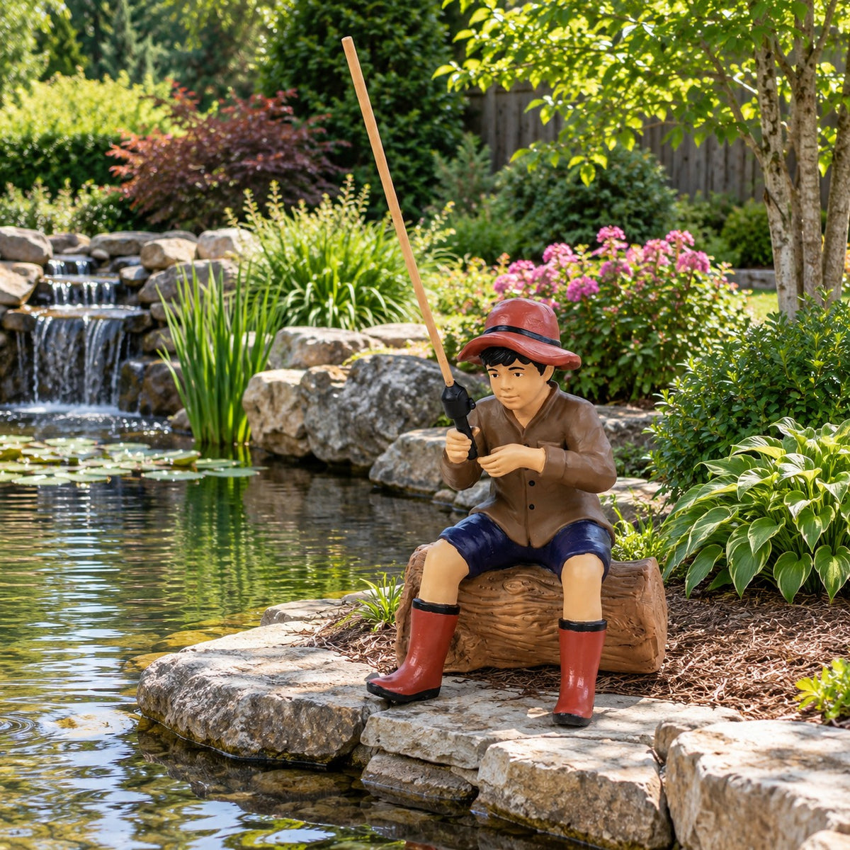 Cast aluminum fishing boy sitting on log for outdoor yard and gardens