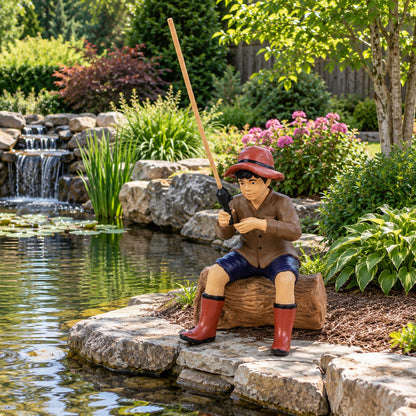 Cast aluminum fishing boy sitting on log for outdoor yard and gardens