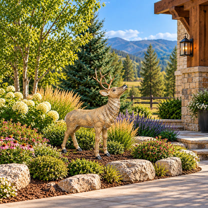 Cast aluminum buck fawn statue for yard and garden