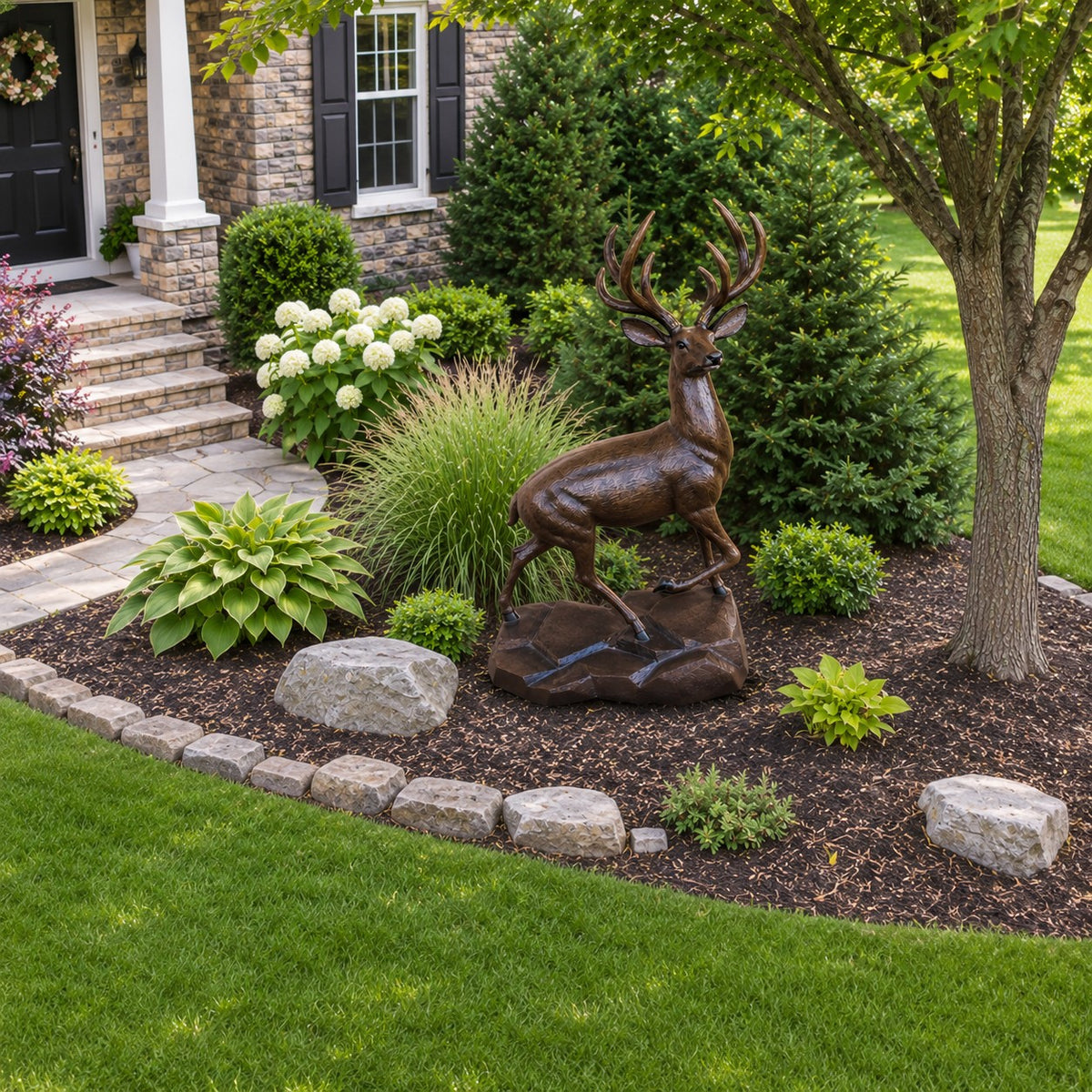 Cast aluminum buck on rock statue for yards and gardens