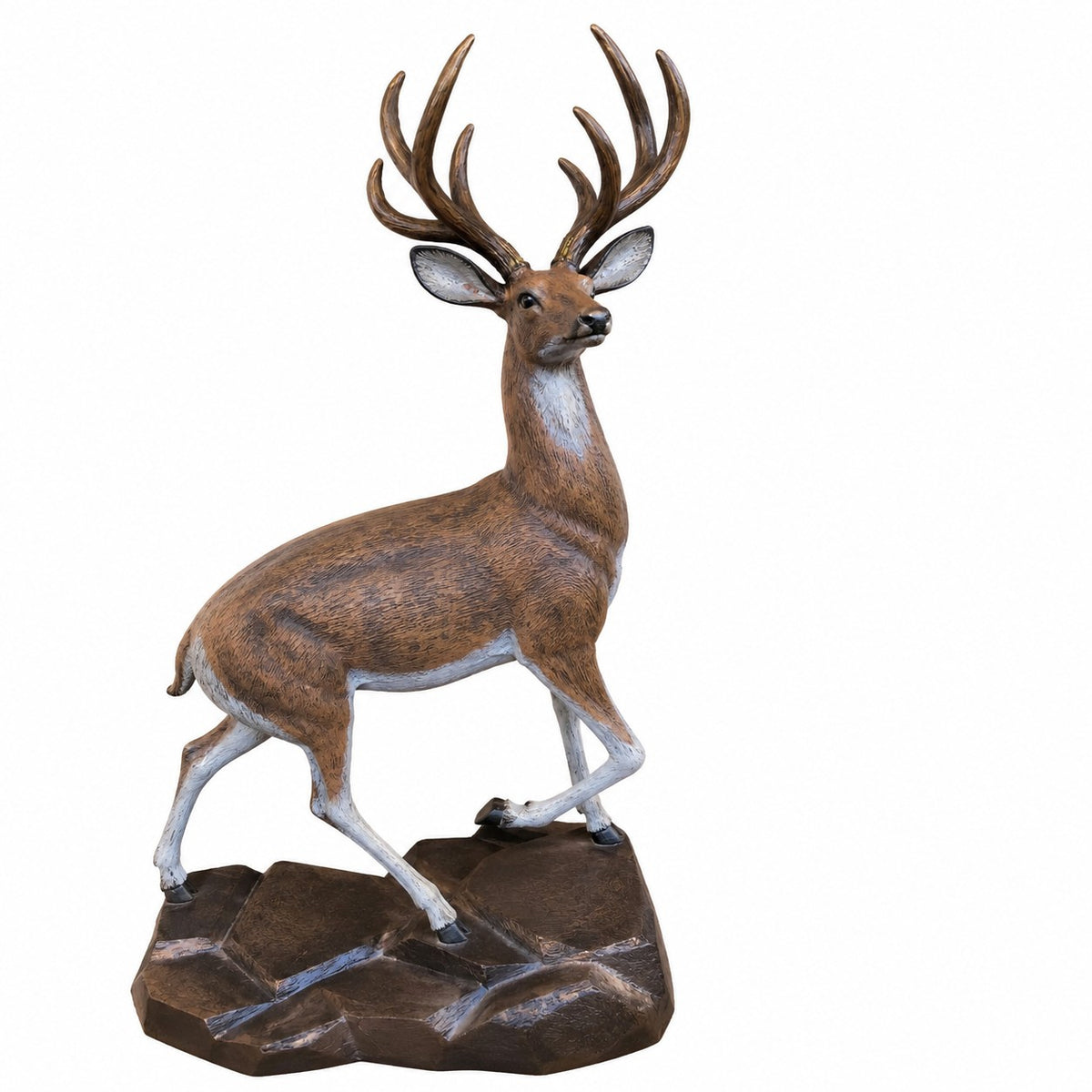 Cast aluminum buck on rock statue for yards and gardens