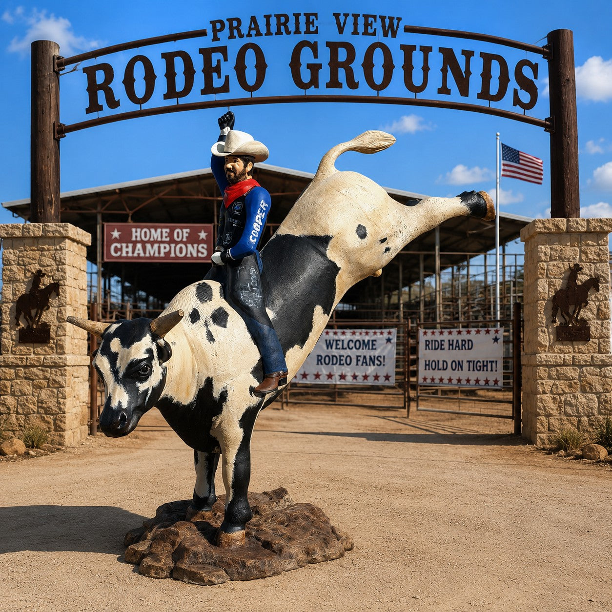Cast aluminum bucking bull with rider statue for personal or business use