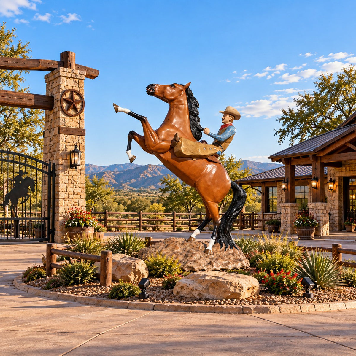 Full size cast aluminum rearing horse with rider for any commercial or residential outdoor decor space.