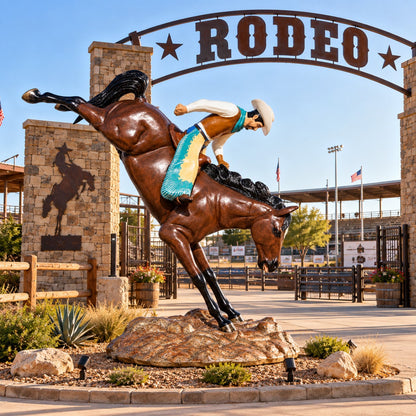 Full size cast aluminum bucking horse with rider for any outdoor space.  Perfect for residential or commercial use.