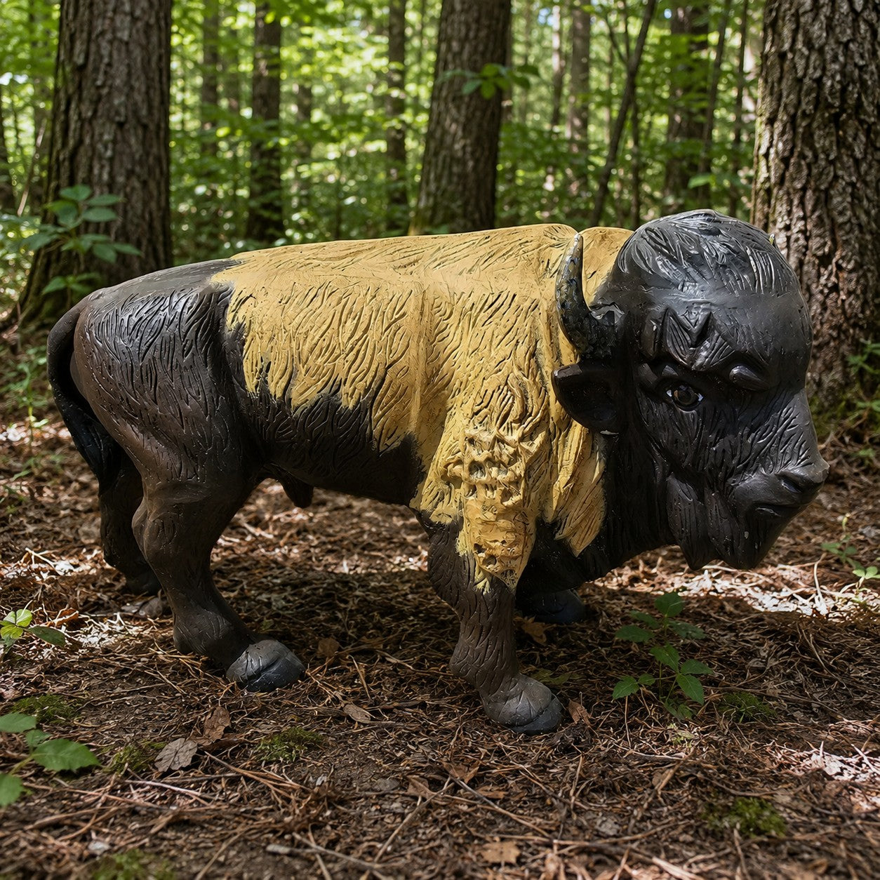 Cast aluminum bison statue for yard decor, detailed texture, rustic finish