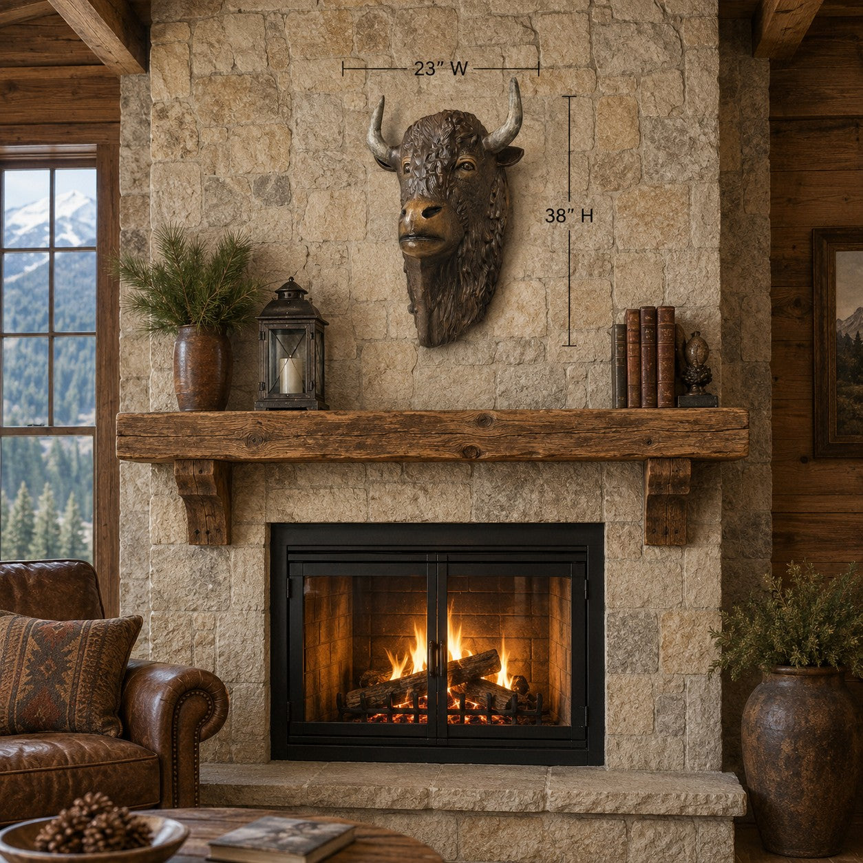 Cast aluminum buffalo head wall mount featuring detailed textured fur, expressive eyes, and upward-curving horns with natural highlights.  