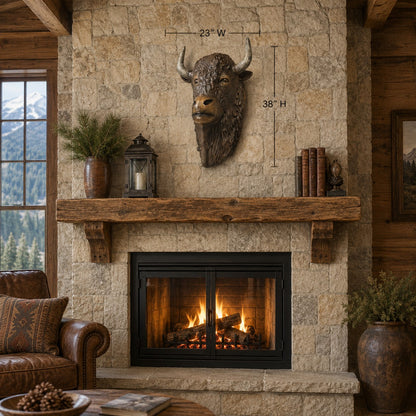 Cast aluminum buffalo head wall mount featuring detailed textured fur, expressive eyes, and upward-curving horns with natural highlights.  