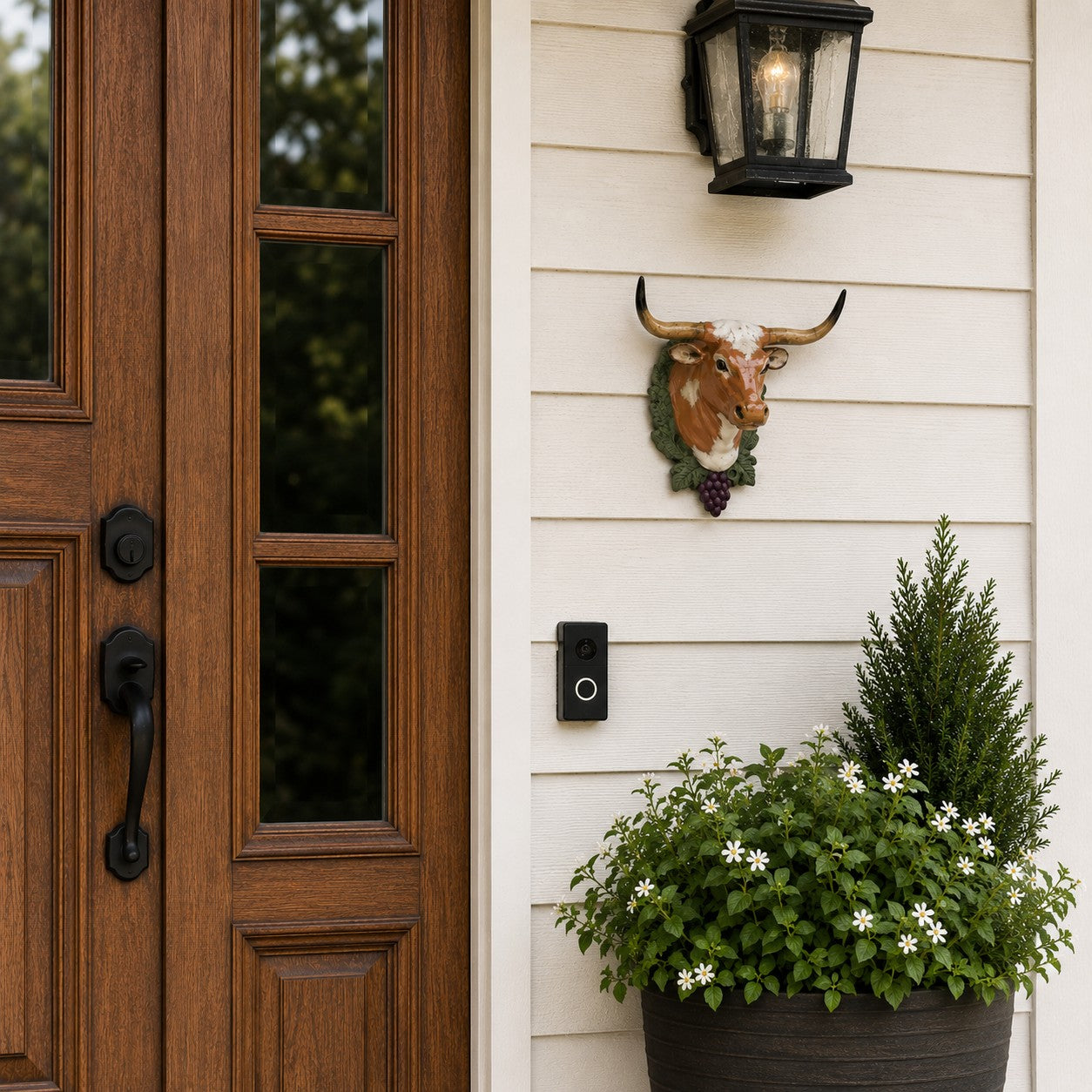 Cast aluminum longhorn bull head wall decor with grapevine accent for yard or home