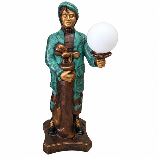 Cast aluminum caddy with light for outdoor spaces.