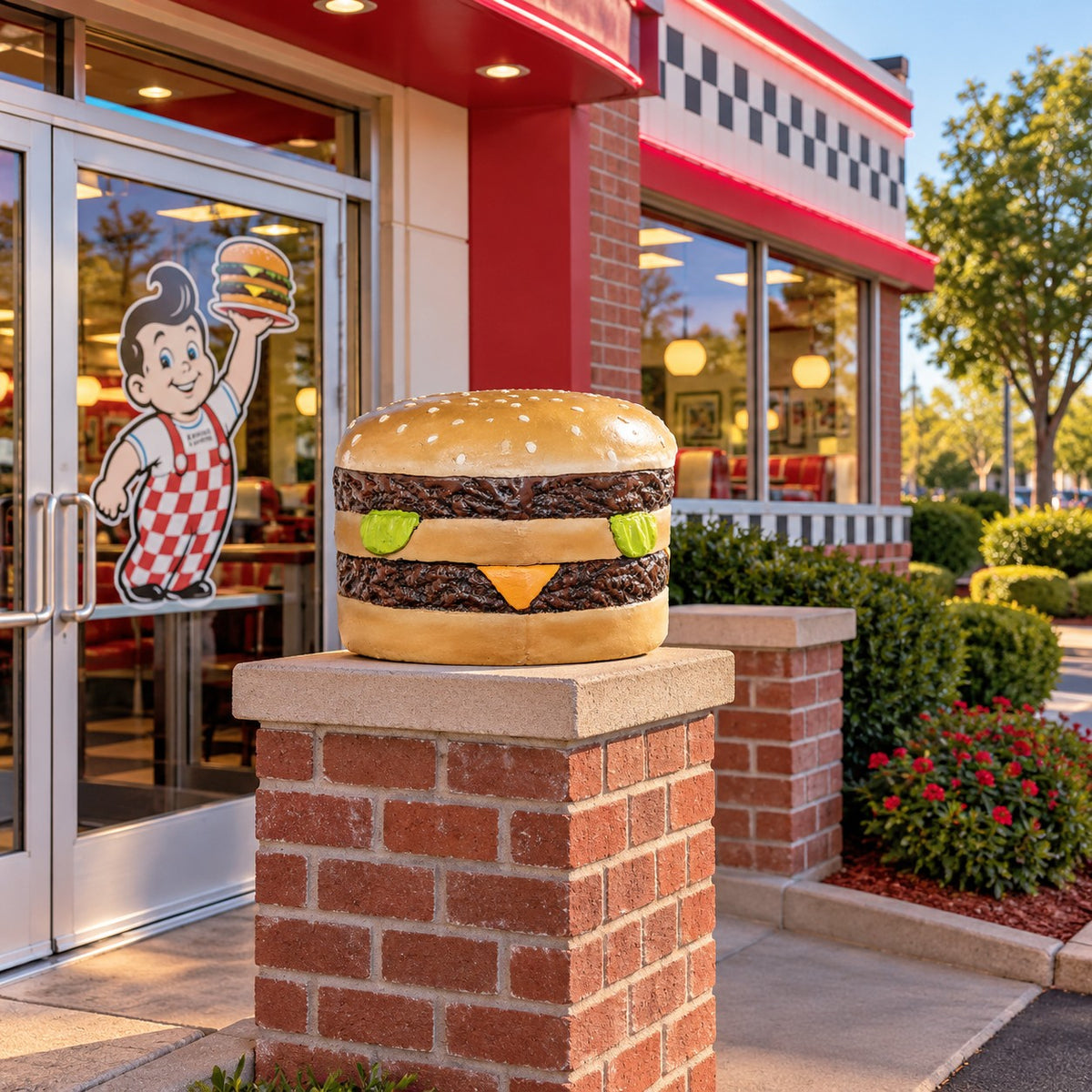 Cast aluminum cheeseburger for commercial eye-catching display both indoor or outdoor
