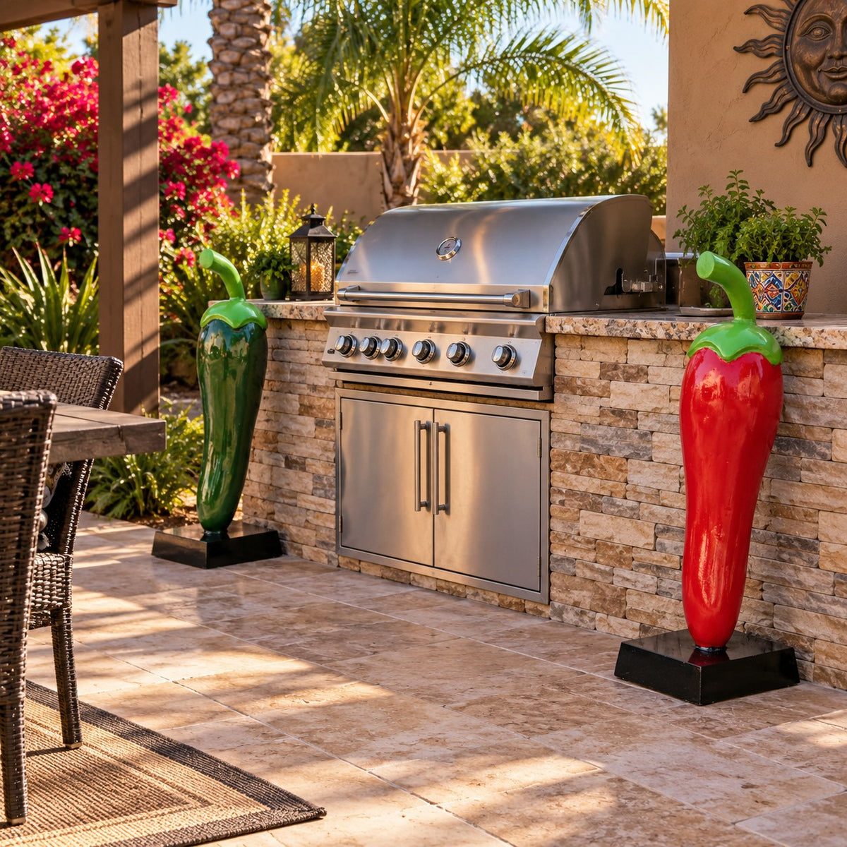 Cast aluminum green and red pepper statues for garden, home decor, or commercial vibrant outdoor accents