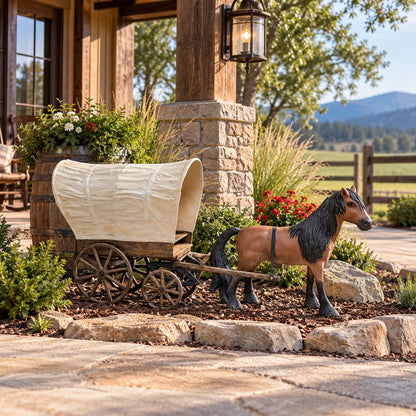 Cast aluminum gypsy horse with small, covered wagon for any western themed decor