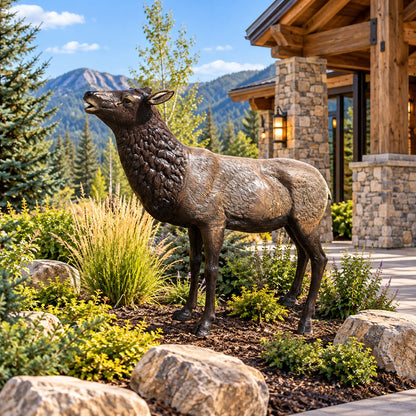 Cast aluminum deer statue with detailed fur texture, perfect for yard or garden decor
