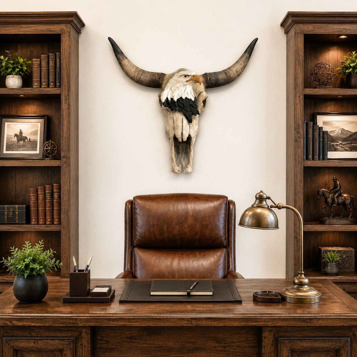 Cast aluminum eagle and bull skull wall decor for home or yard
