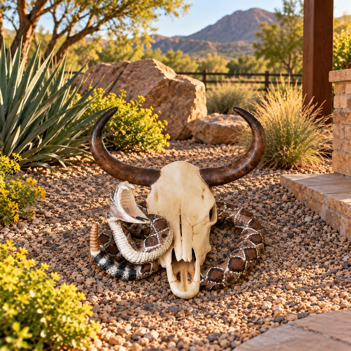 Cast aluminum bull skull with coiled rattlesnake, yard decor statue